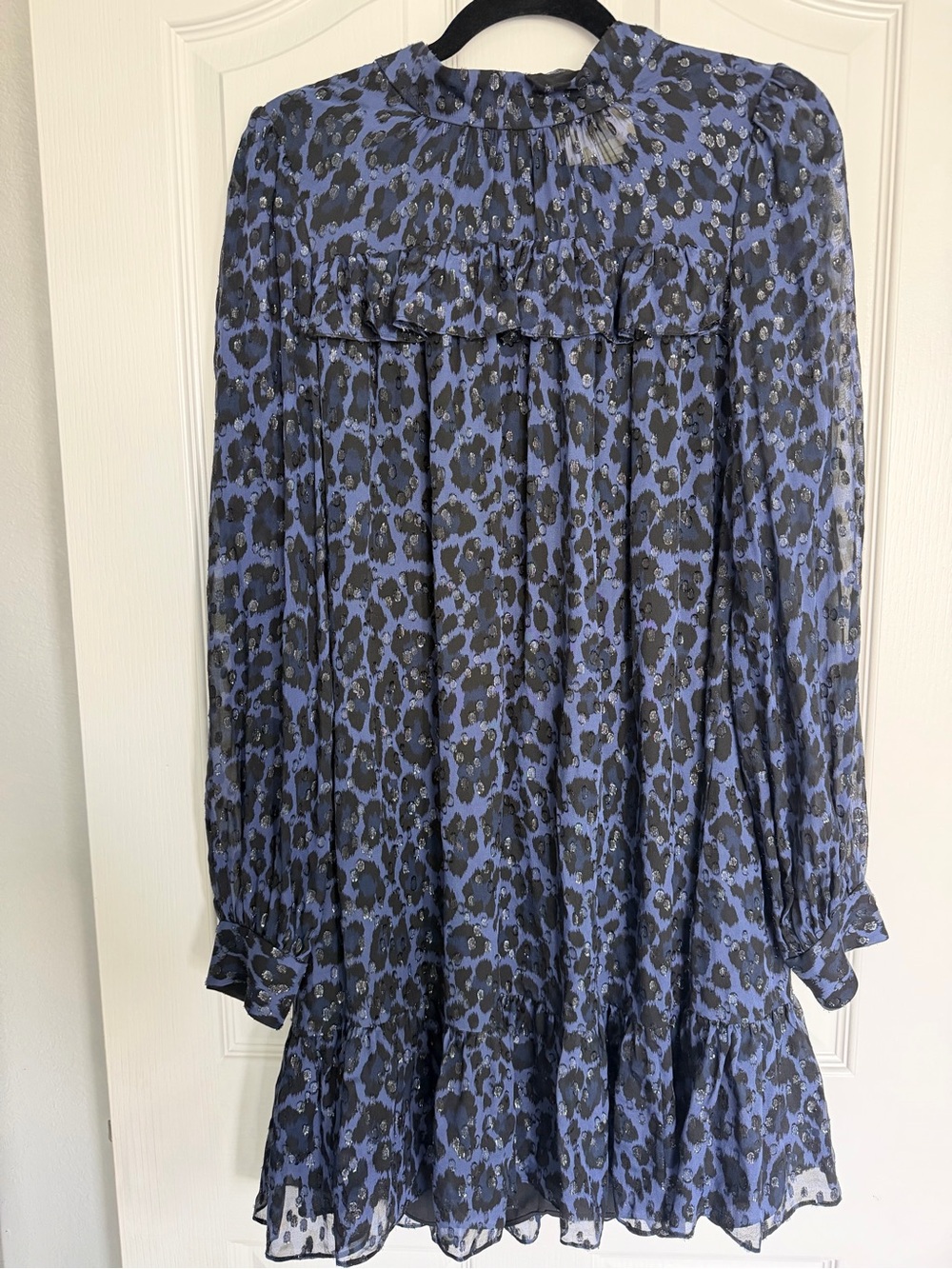 kate spade Blue and Black Leopard-Print Dotted Long Sleeve Dress